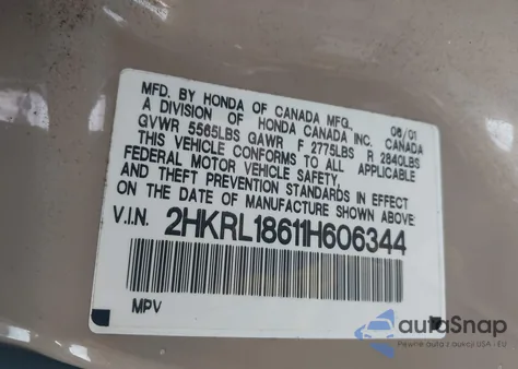 2001 Honda Odyssey Ex z USA, uszkodzony, nr VIN 2HKRL18611H606344